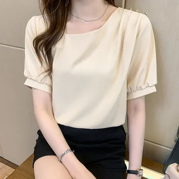 Hvid Sommer Kvinder Shirts 2021 Elegant Chiffon Blouse Smarte Office-Solid Color Mode Tøj til Kvinder Blusas Mujer 15048