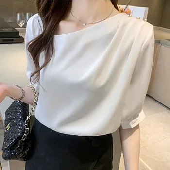 Hvid Sommer Kvinder Shirts 2021 Elegant Chiffon Blouse Smarte Office-Solid Color Mode Tøj til Kvinder Blusas Mujer 15048