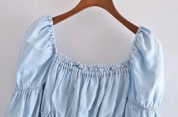 HWLZLTZHT 2021 Kvinder Blå Sommer Beskåret Bluse Lang Puff Ærme Elastisk Vintage Top Mode Plisserede Tilbage Åbning Kvinde Bluser