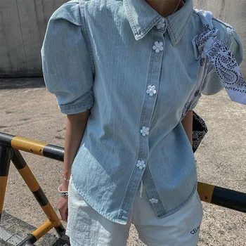 Hzirip Koreanske Vintage Mode Til Alle-Match Blomster Søde Single-Breasted Hak Sommeren 2021 Hot Damer Blå Denim Shirt, Bluser