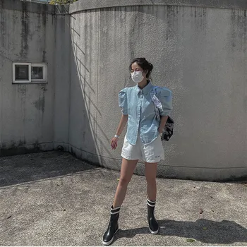 Hzirip Koreanske Vintage Mode Til Alle-Match Blomster Søde Single-Breasted Hak Sommeren 2021 Hot Damer Blå Denim Shirt, Bluser