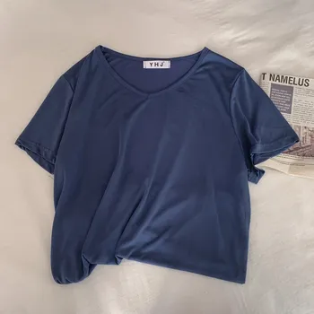 Hzirip Sommeren Ensfarvet V-Hals Mode Afslappet, Alle-Match Kort-Langærmet T-Shirt Kvindelige 2021 Varm Blid Koreanske Løse Kvinder Top