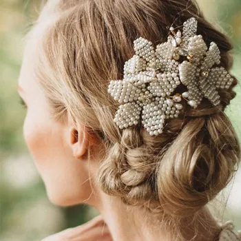 Håndlavede Hår Smykker Cluster Simuleret Perler Hair Combs Blad Blomst Brud Hovedklæde Bryllup Brude Hoved Stykke Hår Pynt