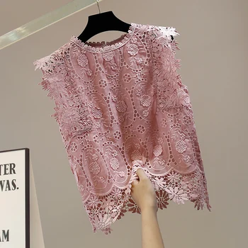 Hæklet Hul Blonder Shirt til Kvinde Pullover Ærmeløs Top Fashion Design Temperament Slankende Damer Blusas