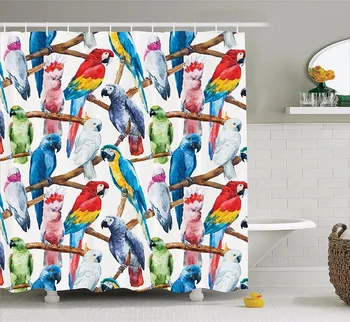Høj Kvalitet Kunst Badeforhæng Parrot Serie Farverig Papegøje Hvile Akvarel Mønster Badeværelse Dekorative Brusebad Gardiner
