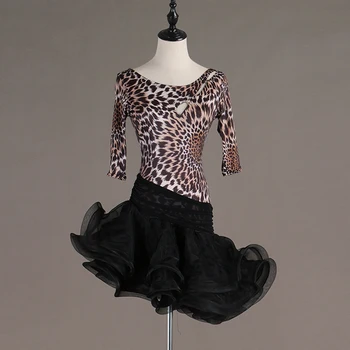 Høj kvalitet leopard Latin dance konkurrence kjole med lange ærmer dans kostume til kvinder
