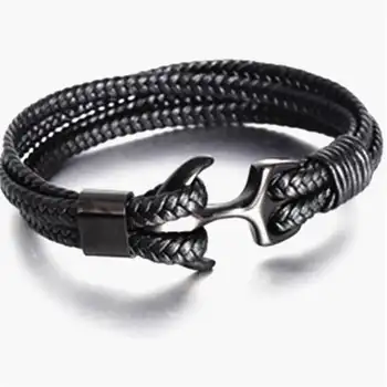Høj kvalitet mænds titanium stål armbånd sort personlig læder flettet anker læder armbånd, reb armbånd til mænd gaver