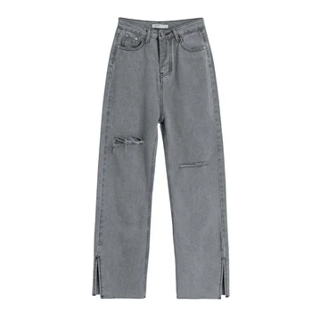 Høj Talje Grå Slidte Jeans Kvinder Streetwear Baggy Harajuku Brede Ben Jeans Kvinder Bukser 2021 Vintage Lige Lange Bukser