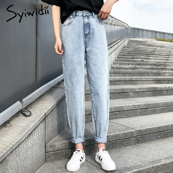 Høj Talje Jeans Kvinde Plus Size Street Style Elastisk Talje Denim Bukser Bomuld N53 Løs Belagt Vintage Vasket Boyfriend Jeans
