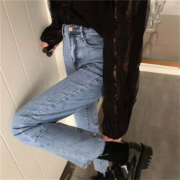 Høj Talje-Knappen, Lige Ben Jeans koreansk Mode Slanke Kvinder ER Denim Blyant Bukser Casual Streetwear Tynde Vilde Kvindelige Varme
