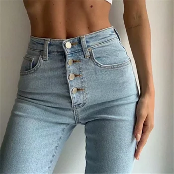 Højtaljede Stretch Damer Enkelt Breasted Design Tynde Blyant Bukser, Kvinders Jeans,