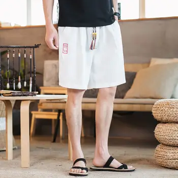 Hør casual shorts til mænd sommeren 2020 Kinesisk stil mænds stranden bukser løs bomuld og hør broderet bukser med elastik
