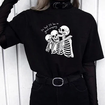 I Helvede vil jeg Være I Godt Selskab Harajuku Punk Brev Skelet Print Gotiske Top Streetwear, Sjove, Casual Løs Vintage Kvinder T-shirt