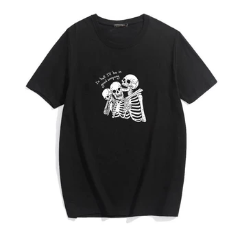 I Helvede vil jeg Være I Godt Selskab Harajuku Punk Brev Skelet Print Gotiske Top Streetwear, Sjove, Casual Løs Vintage Kvinder T-shirt
