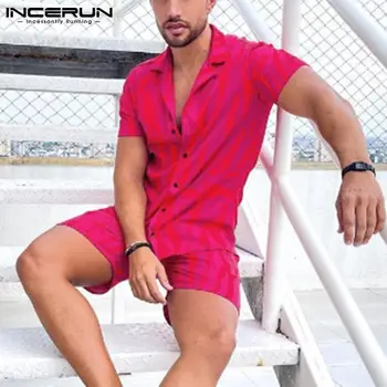 INCERUN Sommer Mode Mænd Sætter Trykt Ferie Revers kortærmet Skjorte Beach Shorts 2021 Streetwear Afslappet Mænd Hawaii Passer