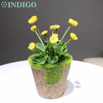 INDIGO -10 Blomster Gule Mælkebøtte Bonsai Kunstige Sukkulent Plante Med Puljen Real Touch Plast Blomst borddekoration