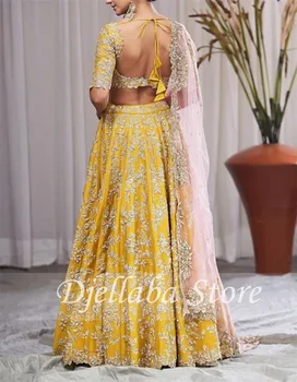 Indisk Gul To-delt Aften Kjoler Lace Applique 2021 Prom Dress vestido de noiva festkjoler Robe de Aftenselskab de Mariage