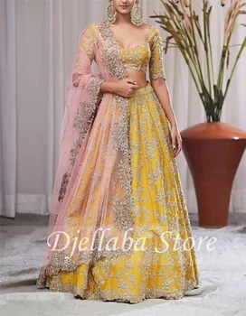 Indisk Gul To-delt Aften Kjoler Lace Applique 2021 Prom Dress vestido de noiva festkjoler Robe de Aftenselskab de Mariage
