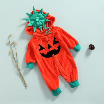 Infant Baby Girls Boys Pumpkin Hooded Romper Long Sleeve Full Zip Jumpsuit Halloween Costume