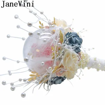 JaneVini Luksus Fjer Bryllup Buket Kunstige Perler Pink Blomster Brudepige, Brud Blomst Brudebuket Crystal Sukkerrør