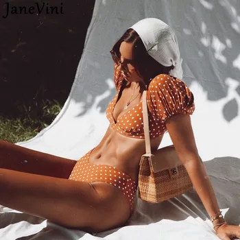 JaneVini Mode Sexet Punktum Badetøj Bikini Undertøj Kvinder String Femme Puff Ærmer Badetøj Kvindelige Swimwears Badetøj