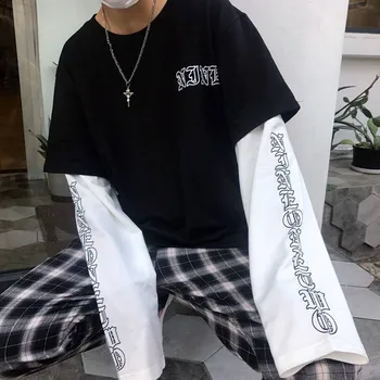 Japan Harajuku Sort hvid Hip Hop T-shirts til Mænd, Kvinder Foråret Par Lange Ærme Løs T-Shirt Afslappet Brev Print t-shirts Drenge