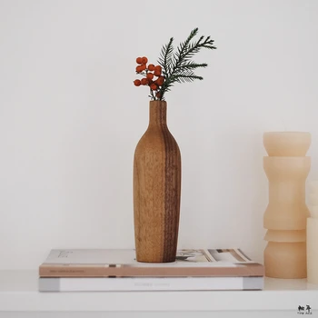 Japan Style Sort Valnød Desktop Håndlavet Vase Retro Naturlige Træ Vase Husstand Blomst Arrangment Home Decor