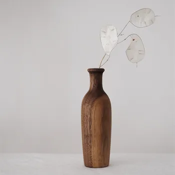 Japan Style Sort Valnød Desktop Håndlavet Vase Retro Naturlige Træ Vase Husstand Blomst Arrangment Home Decor