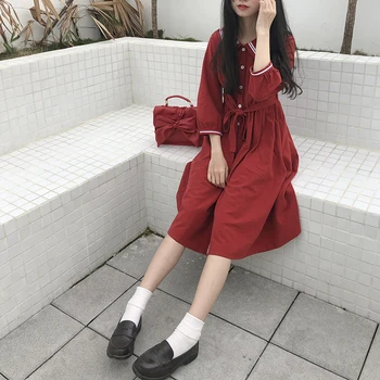 Japansk Foråret Sommeren Kvinder Vintage Prinsesse Lolita Kjole Studerende Matros Krave Preppy Stil Søde Piger Talje Bandage Kjoler
