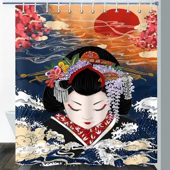 Japansk Geisha Kanagawa Store Bølger Red Sun Mountain Cherry Blossom Ukiyo-e Natur Badeværelse Gardin