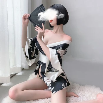 Japansk Kimono Style Cardigan Yukata Kvinder Sexet Undertøj Blomster Print Lejligheder Silke Nattøj Leisure Wear Pyjamas Kjole med Obi