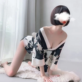 Japansk Kimono Style Cardigan Yukata Kvinder Sexet Undertøj Blomster Print Lejligheder Silke Nattøj Leisure Wear Pyjamas Kjole med Obi