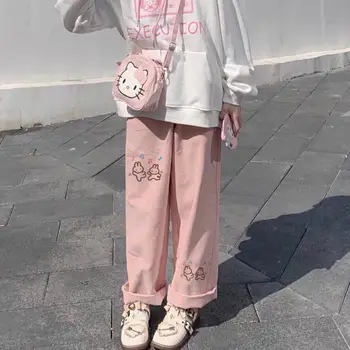 Japansk Nye Plus-Blød Cashmere Pige Fløjlsbukser Bukser Med Høj Talje Kawaii Elastisk Talje Studerende Løs Foråret Lige Bred Ben Bukser