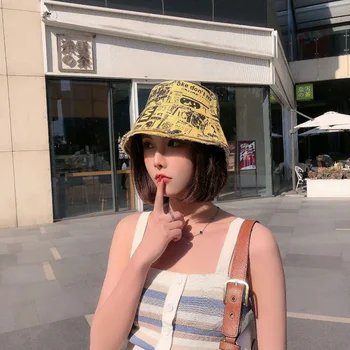 Japansk Populære Stilfulde Avis Tønde Bucket Hat Cool Fashion Trendy Unisex Smart Vintage-Dobbelt-Sidet Graffiti Alfabet Cap