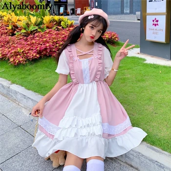 Japansk Sommeren Kvinder Lolita Stil Kjole på Tværs af Hals Hule Pink Hvid Sød Kjole Flæser Søde Kawaii Bow Lace Pige Kjole