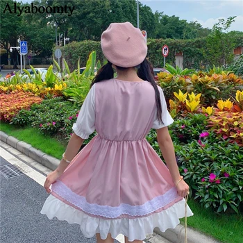 Japansk Sommeren Kvinder Lolita Stil Kjole på Tværs af Hals Hule Pink Hvid Sød Kjole Flæser Søde Kawaii Bow Lace Pige Kjole