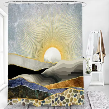 Japansk Stil Sunrise Print badeforhæng med Kroge, Badeværelse Badning Gardin Polyester, Vandtæt Toilet Hjem Indretning Gardiner