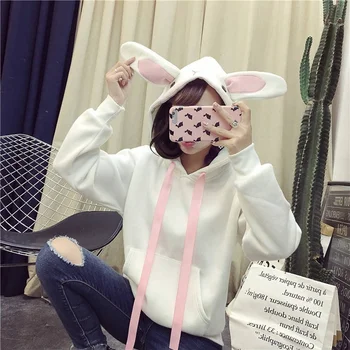 Japansk Sød langærmet Pink Broderet Kanin Ører Plus Fleece Hætte Trøje Søde Pige Kontor Arbejdstager Kæreste Outfit