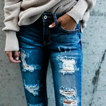 JESSIC Foråret Nye High Street Elasticitet Skinny Jeans Kvinder Mode Hule Hul Bleget Vintage Push Up Denim Bukser Femme
