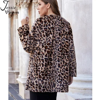 Jessie Vinson Faux Fur Frakke Kvinder Leopard Mønster Enkelt Knap Jakke Frakke Varm Vinter Outwear Ladies Parka Cardigan Pels 2020