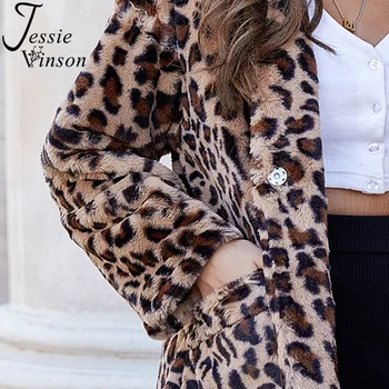 Jessie Vinson Faux Fur Frakke Kvinder Leopard Mønster Enkelt Knap Jakke Frakke Varm Vinter Outwear Ladies Parka Cardigan Pels 2020