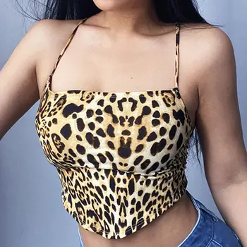 Jocoo Jolee Kvinder Sexy Leopard Print Backless snøre Camis Elegante Uregelmæssige Tanke Toppe om Sommeren Y2K Club Cropped Toppe Vest
