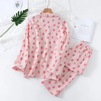Jordbær Print Kvinder Homewear et stykke Gaze, Bomuld Pyjamas Sæt Tynd Lang-ærmet Nattøj Forår Efterår Sommer Pink Kvindelige Pyjamas