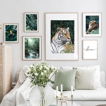 Jungle Wild Lion Tiger Fugl Monstera Blad Væg Kunst, Lærred Maleri Nordiske Plakat Og Print Til Stuen DecorWall Billeder