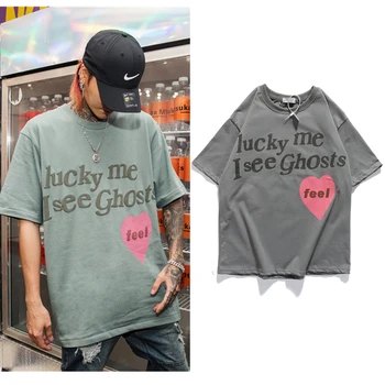Kanye West Børn Ser Spøgelser Oversize Mænd T-Shirt Tour Erindringsmønter Trykt Retro Løs Harajuku Besætning Hals kortærmet T-shirt