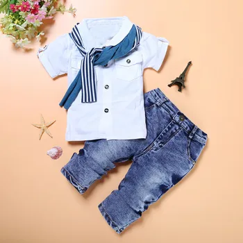 Kids Baby Drenge Tøj Sæt Kort Ærme T-Shirt, Toppe+Tørklæde+Bukser Passer Til Mode, Børn Tøj Drenge Sømand Outfits Sæt