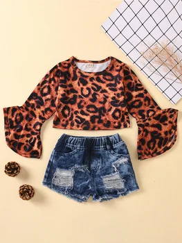 Kids baby piger lange flare ærme toppe, T-shirts leopard solid denim shorts Hul toddler dreng tøj sæt, børn tøj, 6M-5Y
