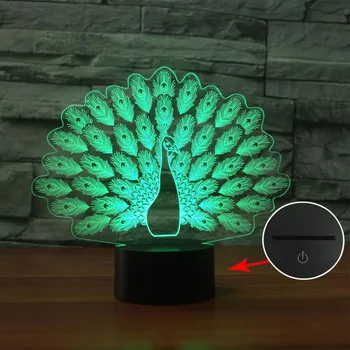 Kids Soveværelse Optisk Led Gaver Peacock Lys Nyhed Nat Lampe Touch Skifte Tabel 7 Farver Ændre 3D-Illusion Visuelle