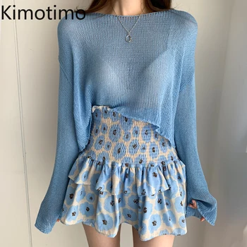 Kimotimo Kvinder To delt Sæt koreanske Dovne Style O-hals langærmet Tynd Gennemsigtig Strikket Sweater + Blomster Talje Mini Nederdele