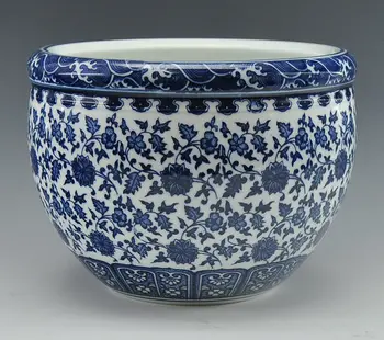 Kinesisk Antik Qing Qianlong Mark Blå Og Hvid Porcelæn Keramiske Fisk Skål Flower Pot